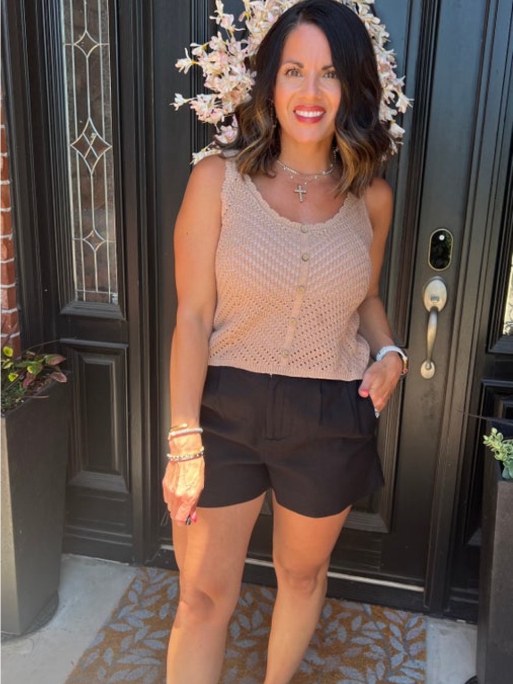 Double Zero Beige Crochet Button-Front Tank Top
